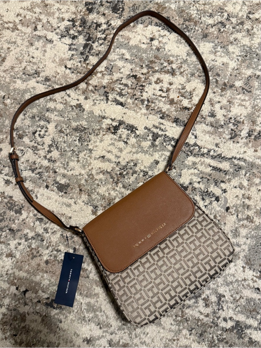 Tommy Hilfiger Tan & Beige Logo Jacquard Crossbody Bag